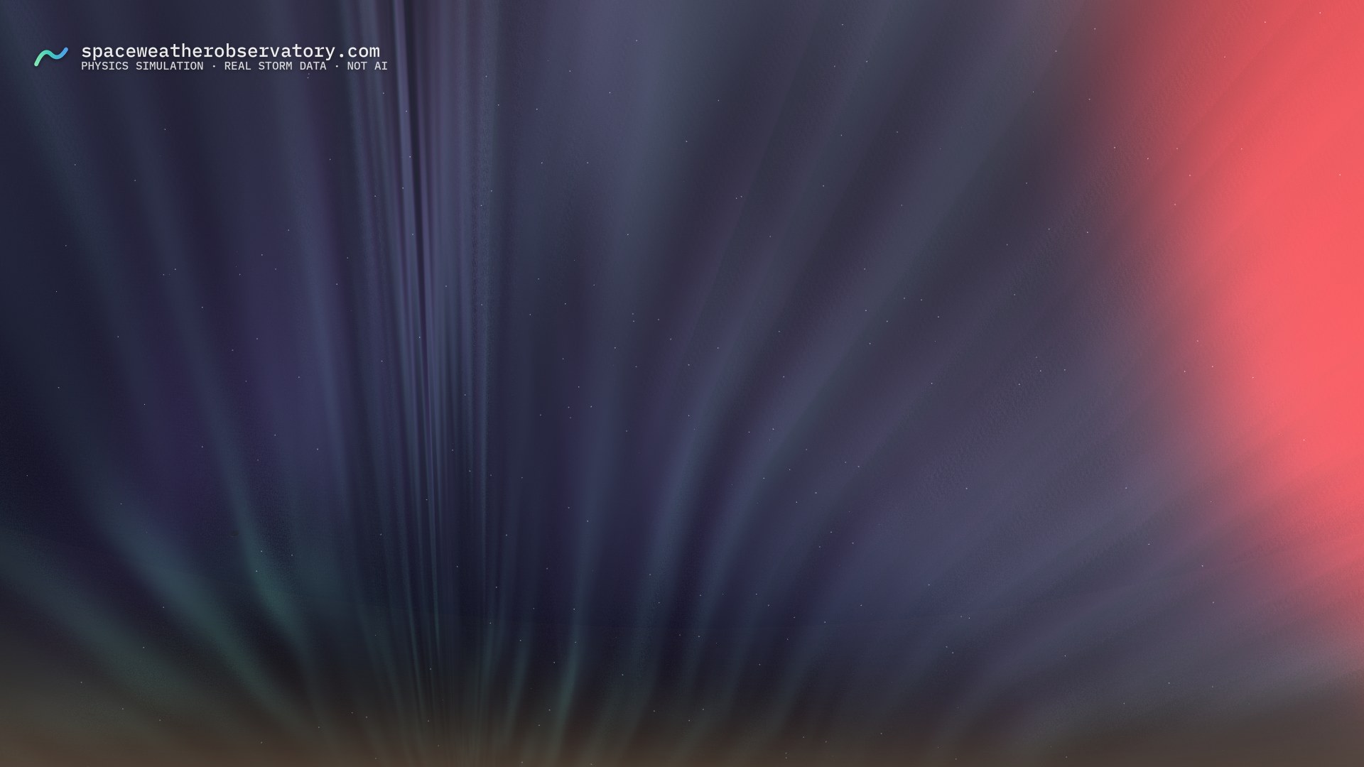 Aurora over Minneapolis during the May 2024 superstorm — physics-engine render, early expansion