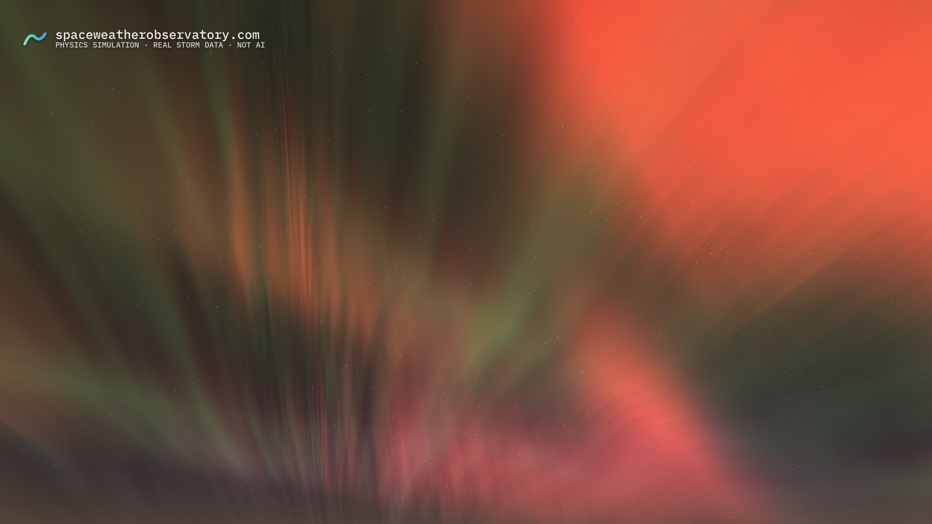 Aurora over Minneapolis during the May 2024 superstorm — physics-engine render, full expansion