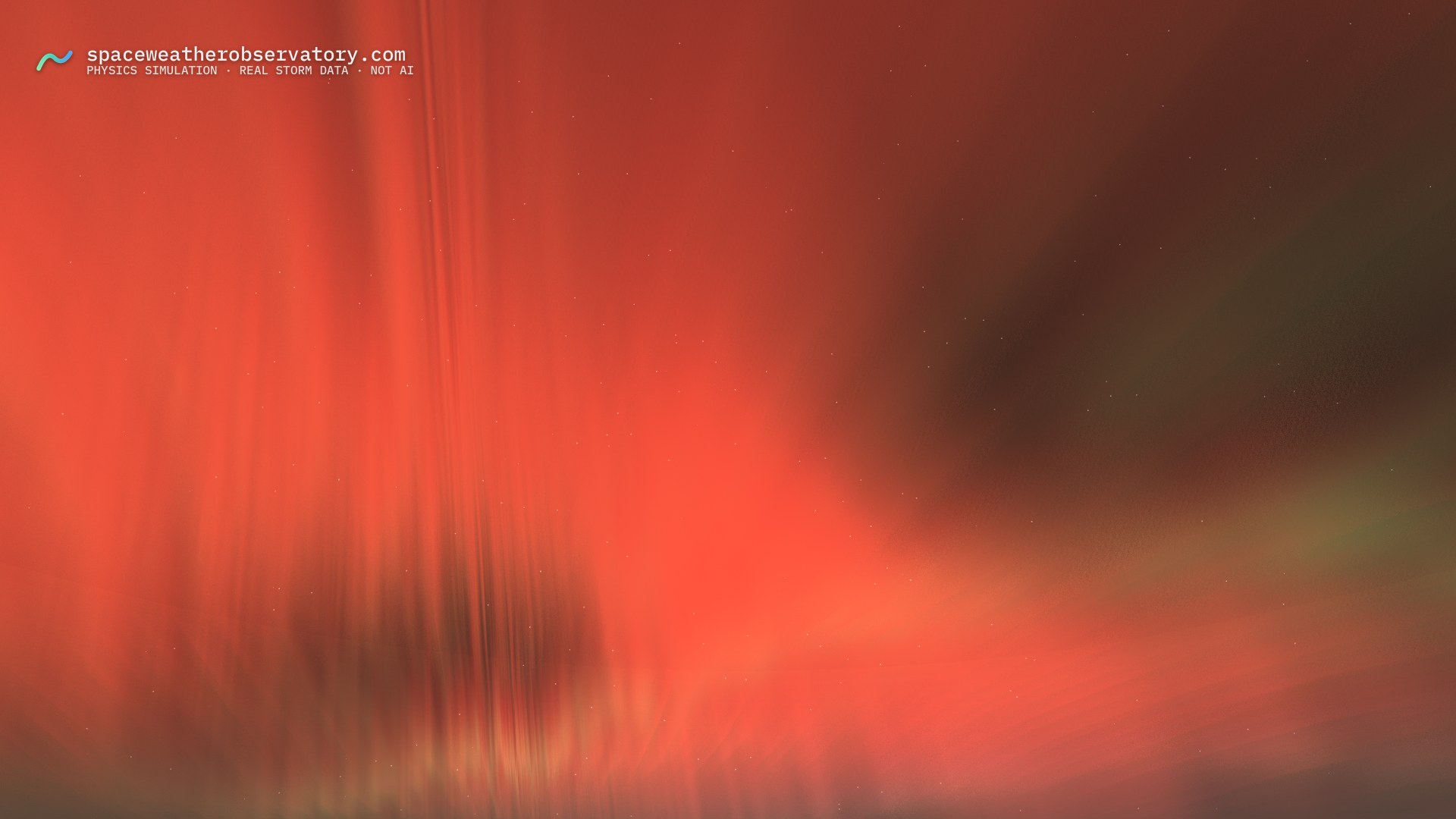 Aurora over Minneapolis during the May 2024 superstorm — physics-engine render, late recovery