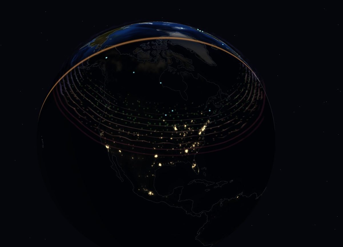 The 1859 Carrington event rendered as a historical simulation: aurora sprawling far equatorward over a darkened globe
