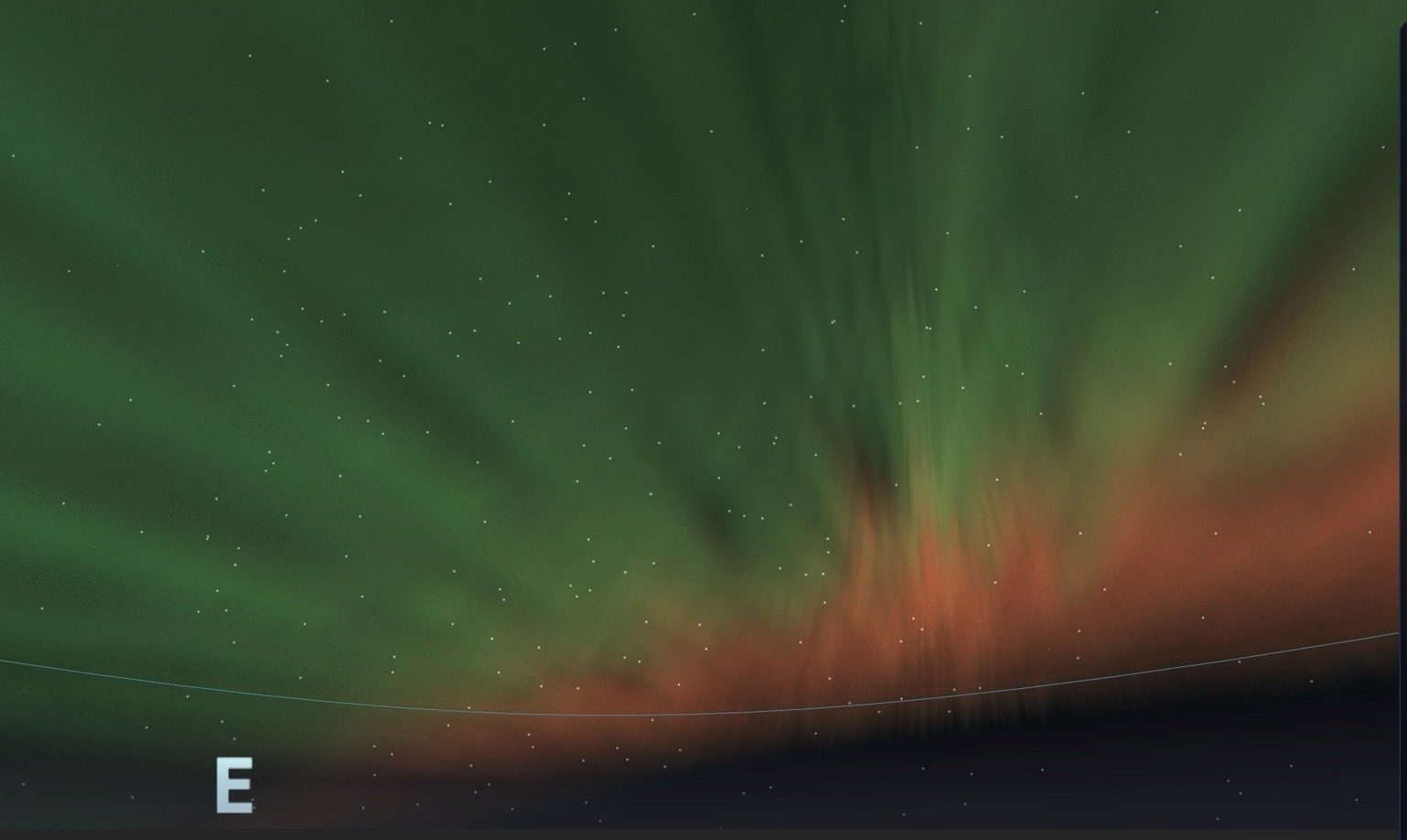 Horizon view in the 1859 replay: green aurora overhead with a red band lying beneath it along the horizon
