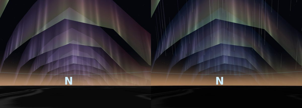 Side-by-side comparison: the observatory's long-exposure camera rendering of the May 2024 storm over Minneapolis, versus the same sky through the naked-eye model