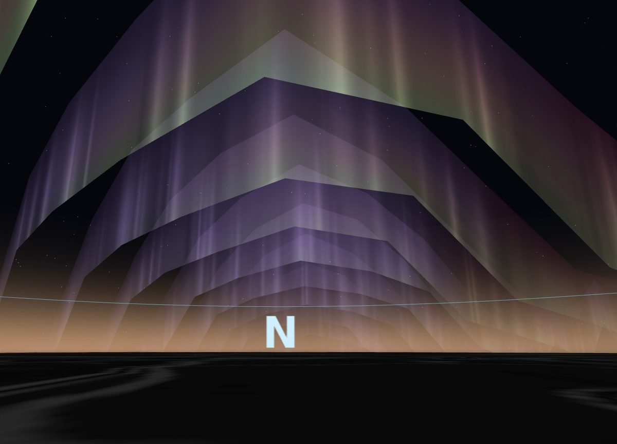 Ground-horizon view of the May 2024 Gannon storm over Minneapolis in the observatory's long-exposure camera rendering: vivid green and red curtains