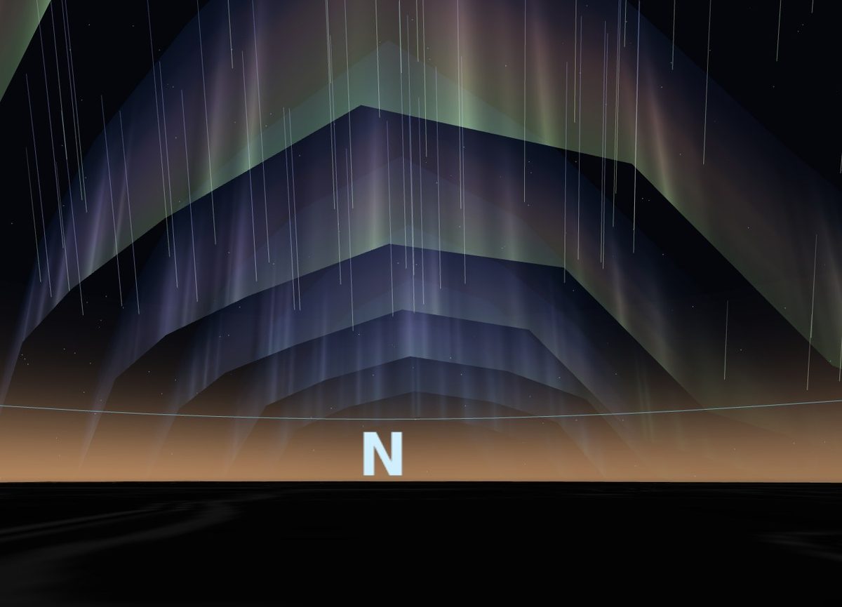 The same Minneapolis sky rendered through the naked-eye model: dimmer, desaturated, gray-green aurora